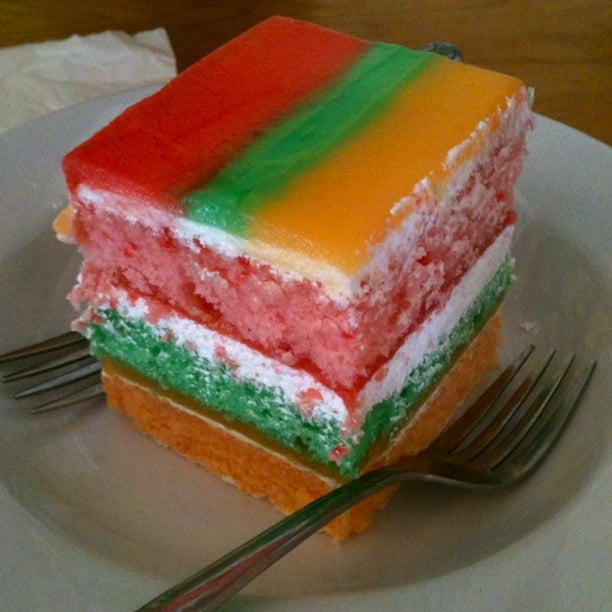 Rainbow cake! Guava, Lime, and Orange flavor with